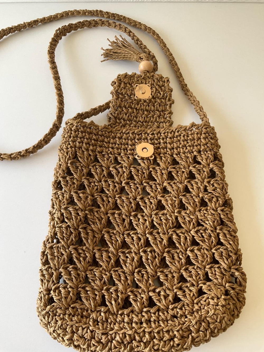 Handmade Paper Yarn Crochet Crossbody Bag - Brown - Picture 2 of 3